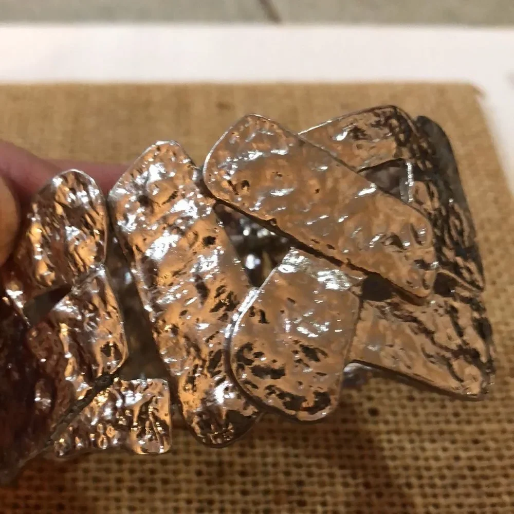 Silver tone wide stretch bracelet hammered